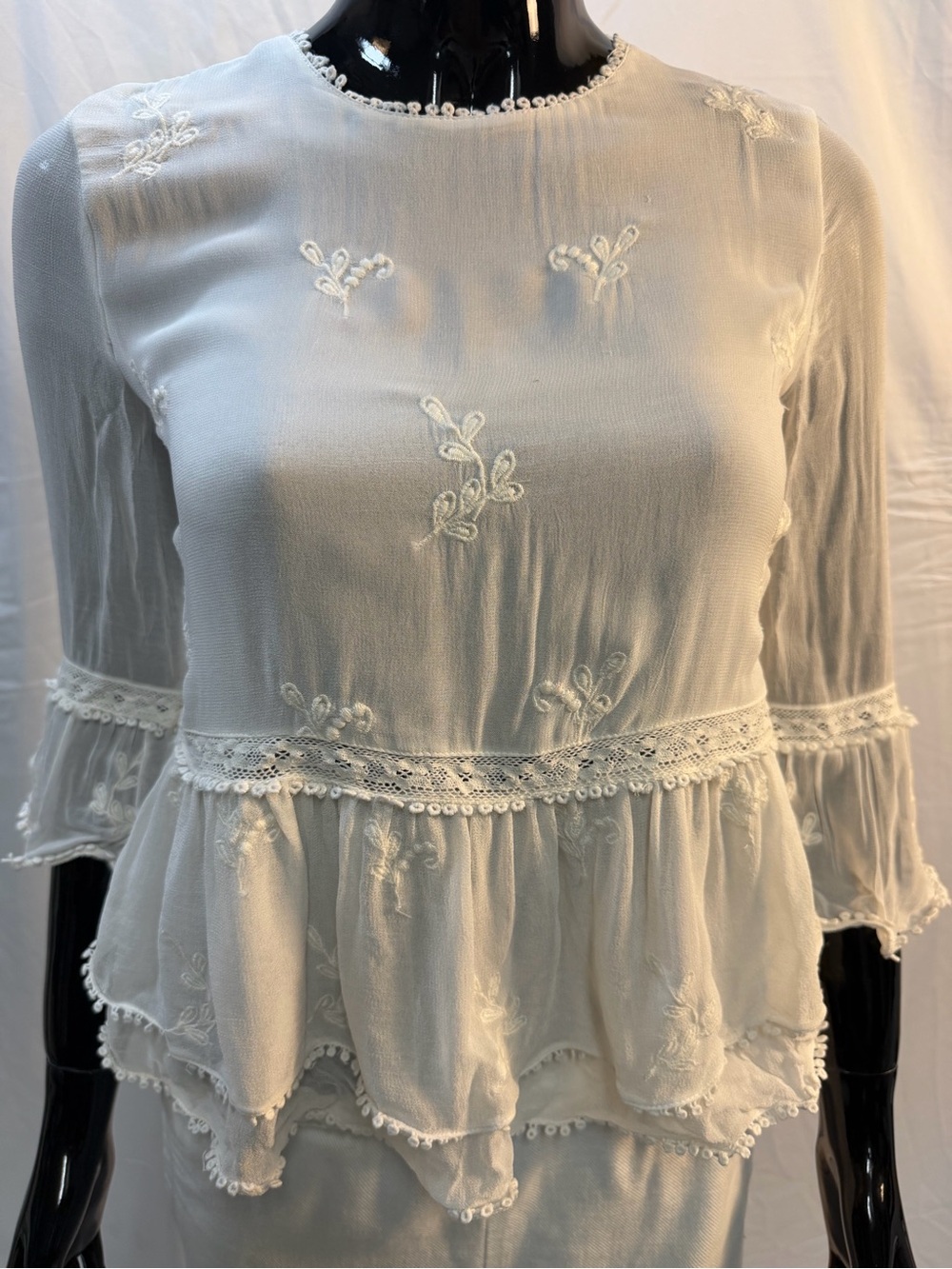 Zara TRF White Embroidered Peplum Bell Sleeve Boho Blouse XS